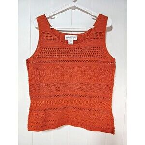 Vtg Jones New York Hand Knit Tank Top Womens Large Orange Boho Cotton Crochet
